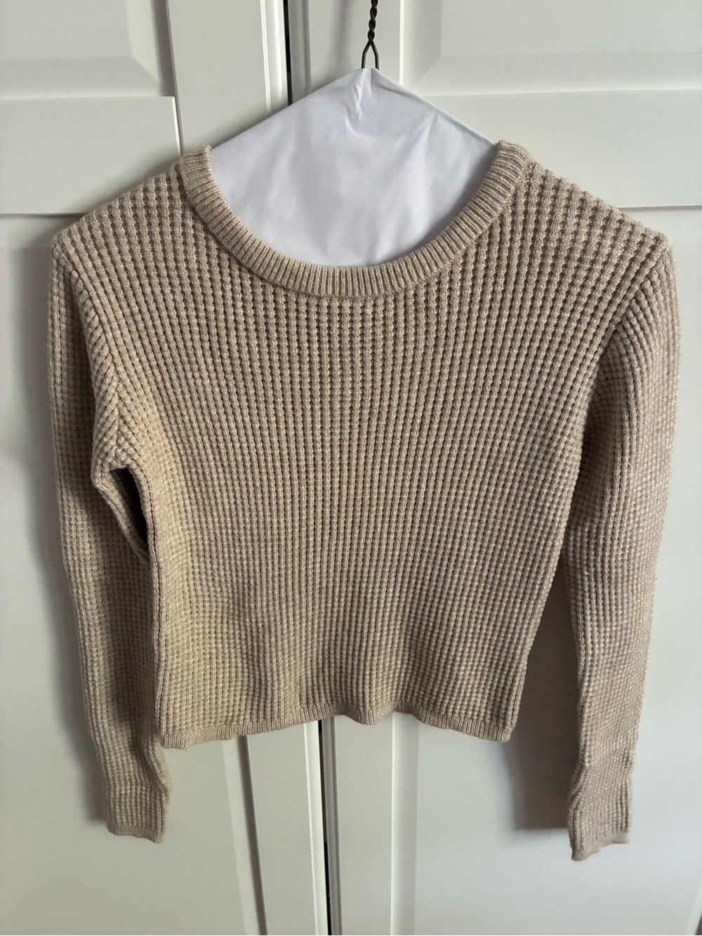 Poof! Women's Ribbed Scoop Crewneck Sweater - Beige